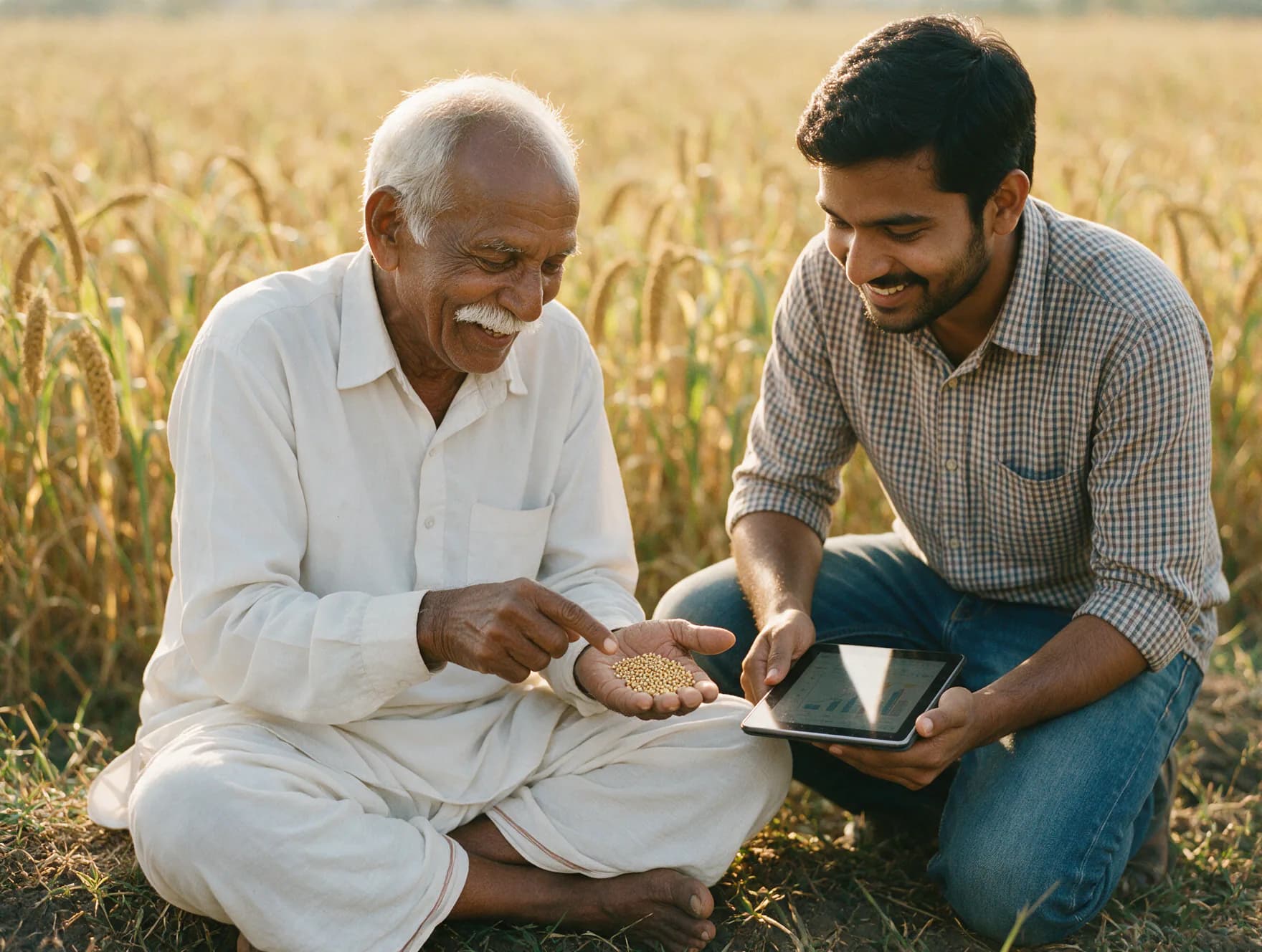 An elderly farmer showing millet seeds to a young man holding a tablet