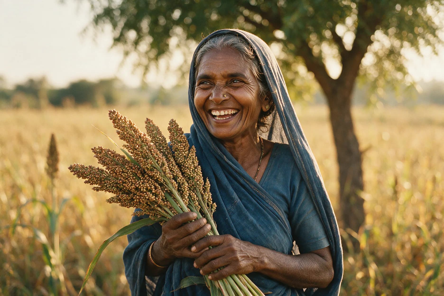 An elderly woman farmer laughing, holding freshly harvested sorghum ears in a golden field