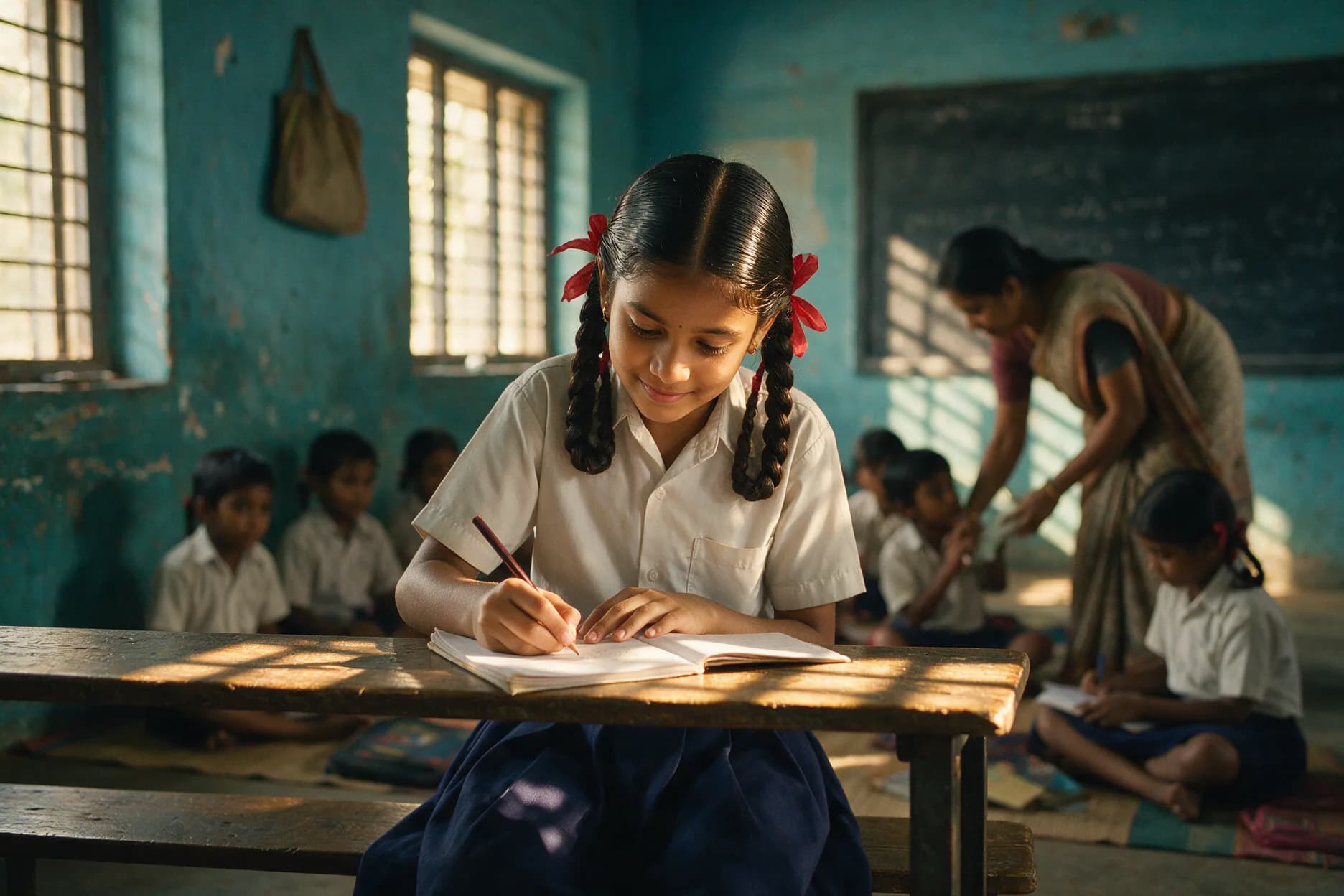 A schoolgirl writing in her notebook in a village classroom