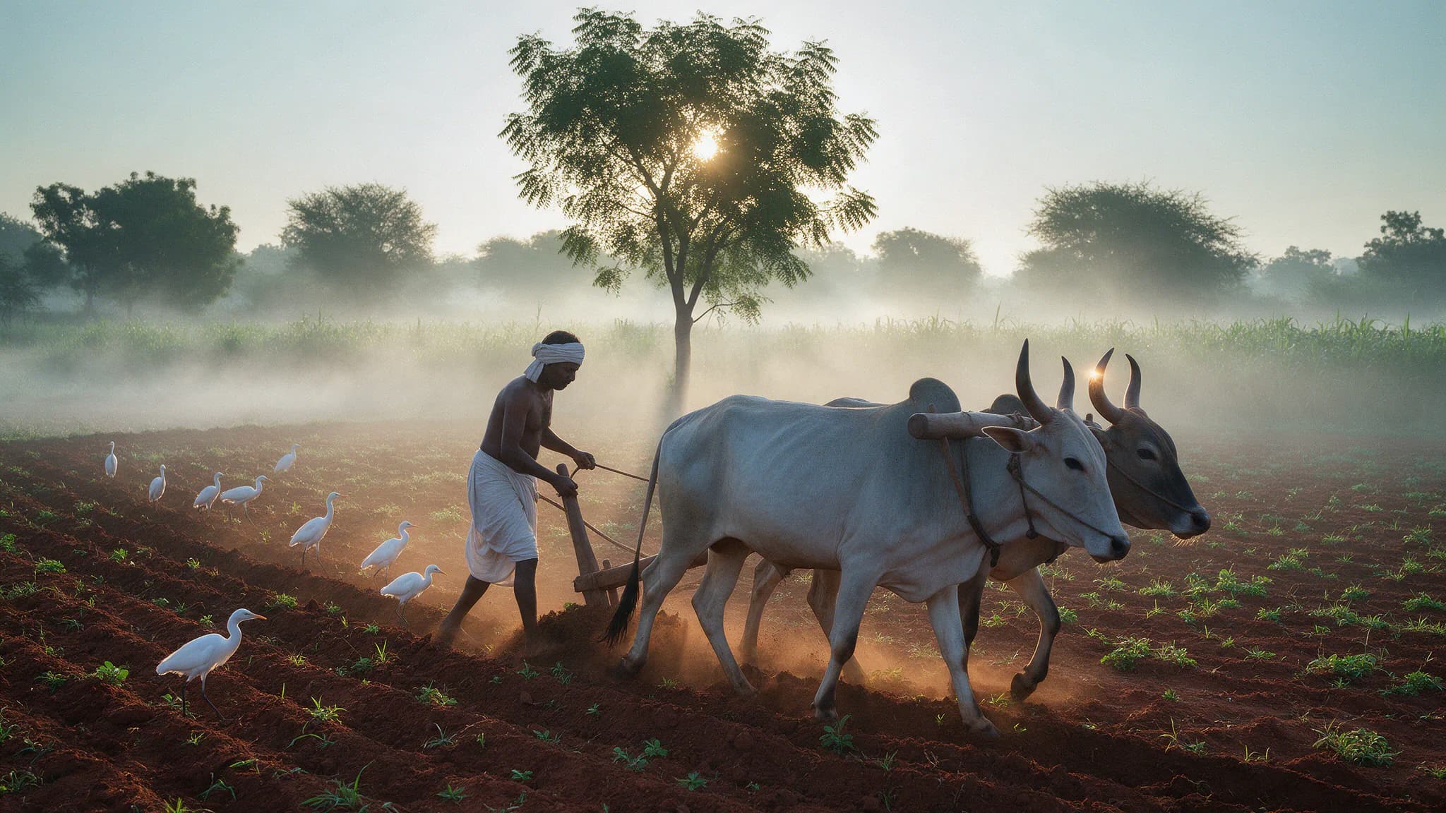 A farmer ploughing a red-soil field with a pair of bullocks at dawn while egrets follow